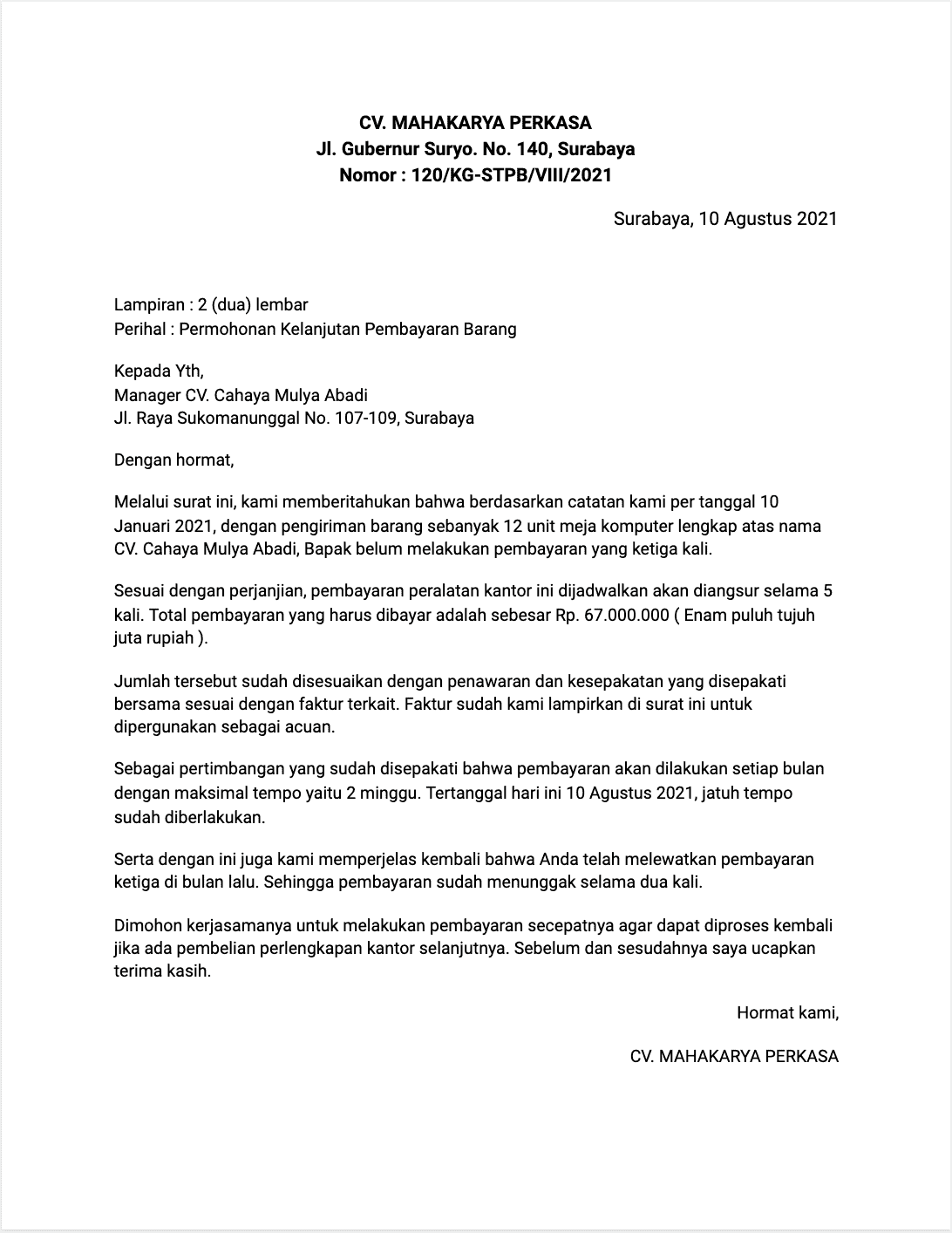 contoh surat tagihan adalah 2