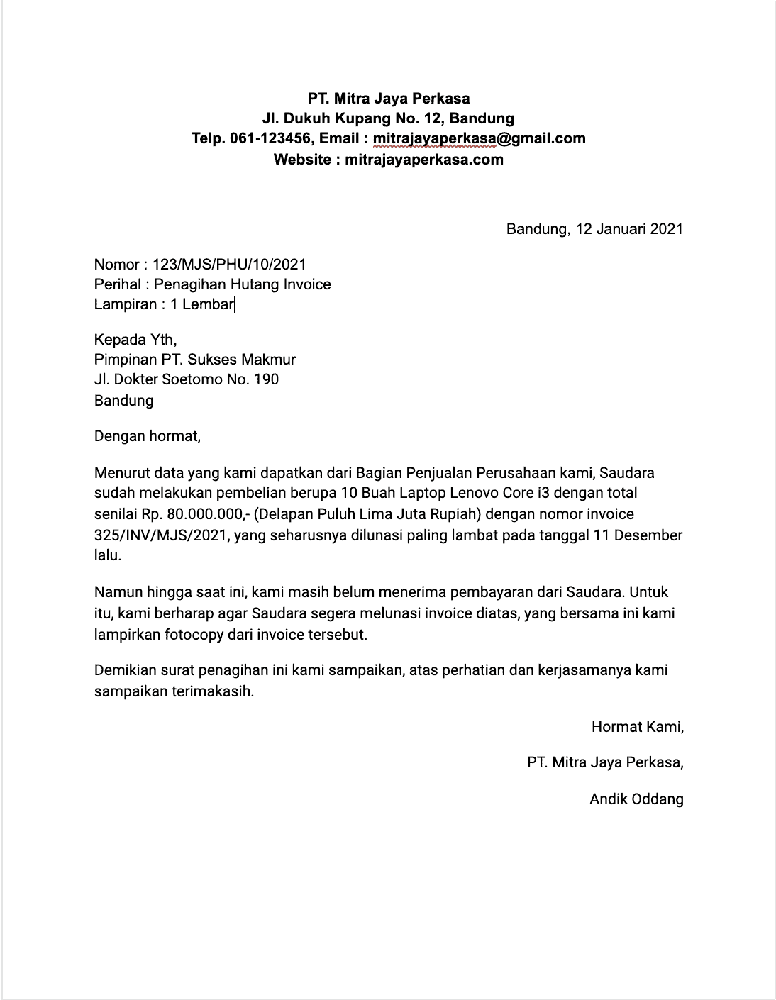 contoh surat tagihan adalah